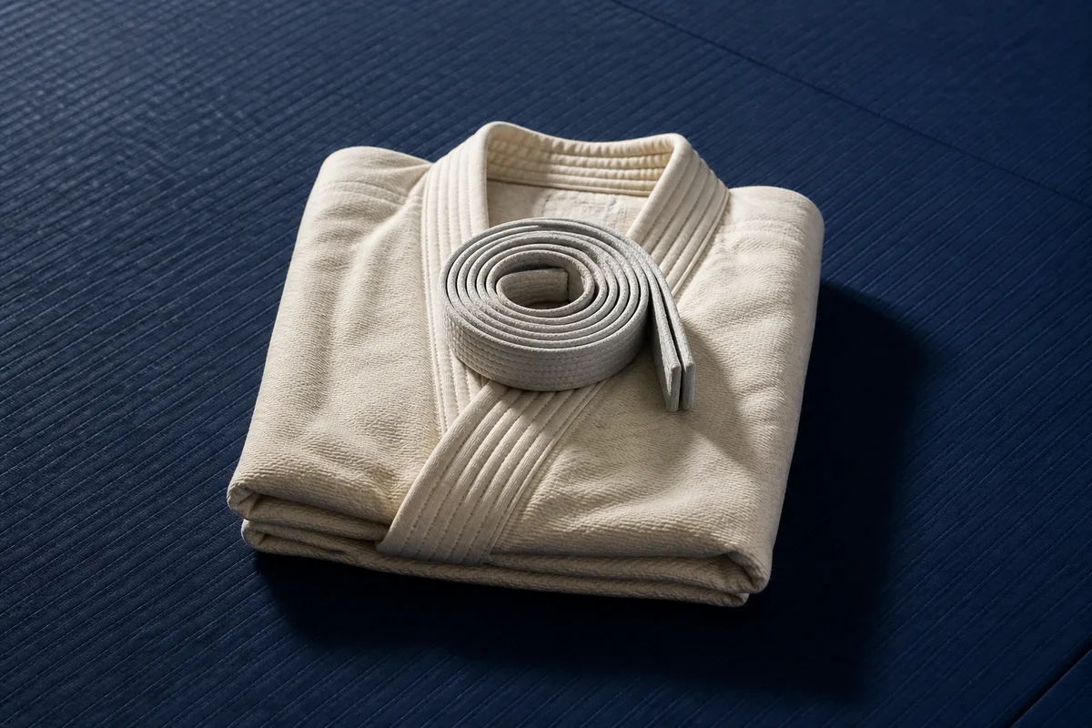 Kimono de jiu-jitsu blanc plié avec une ceinture blanche posée dessus sur un tatami