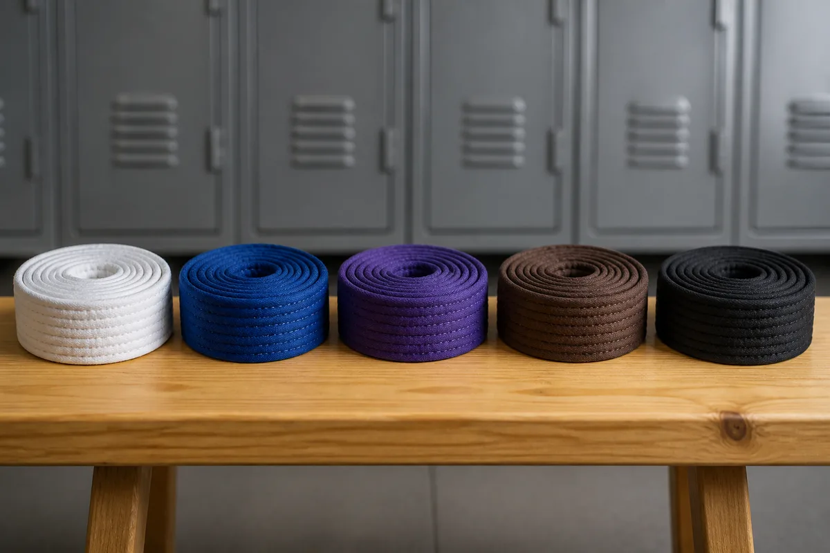 Rangée de ceintures de jiu-jitsu alignées sur un banc en bois dans un vestiaire