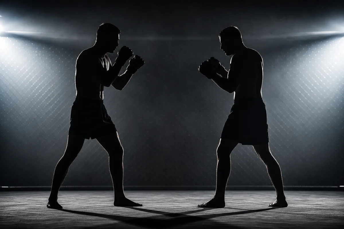Deux combattants de MMA en garde debout à distance moyenne à l’intérieur d’une cage grillagée