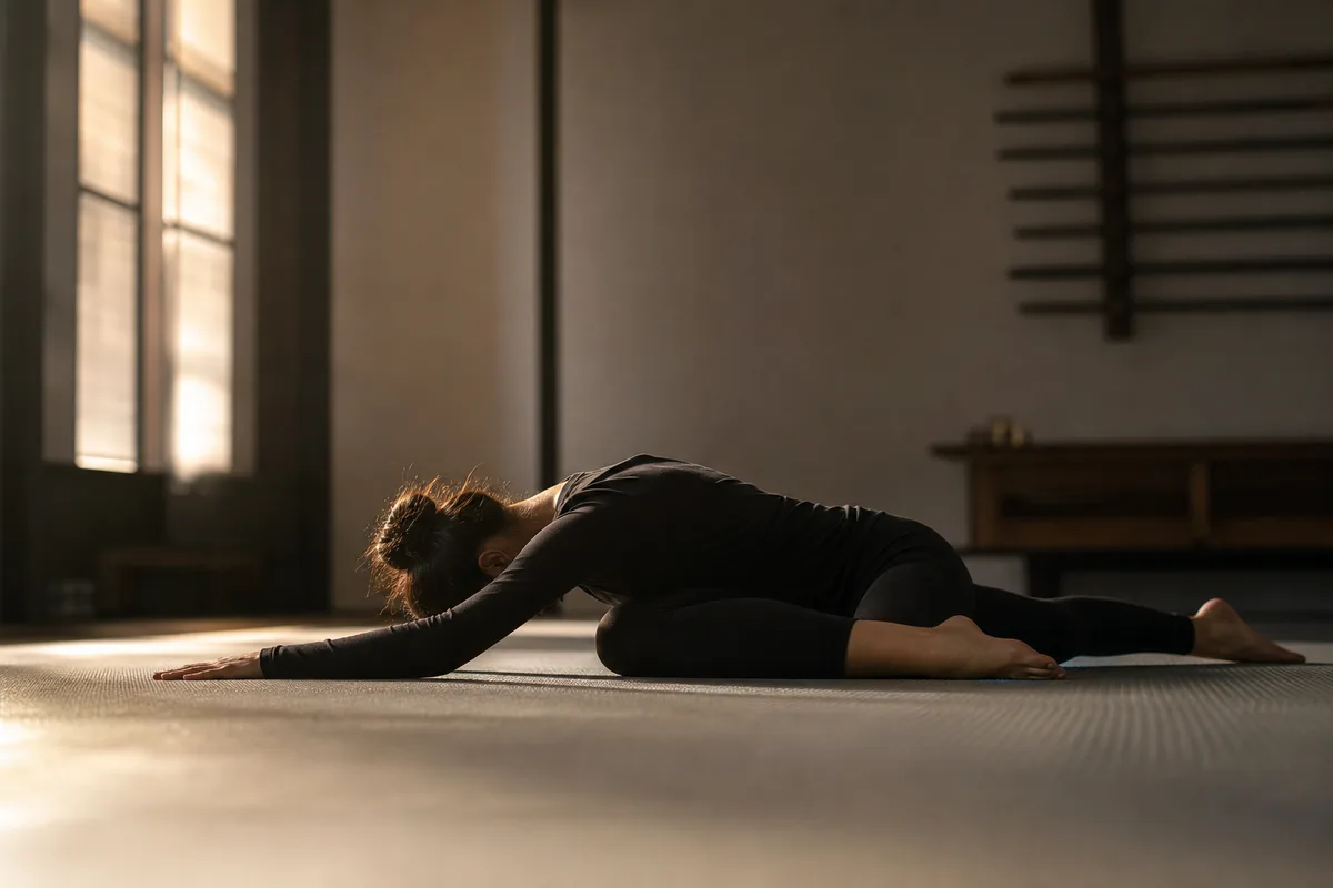 Pratiquant en posture du pigeon sur un tatami, jambe avant repliée et buste incliné vers l’avant