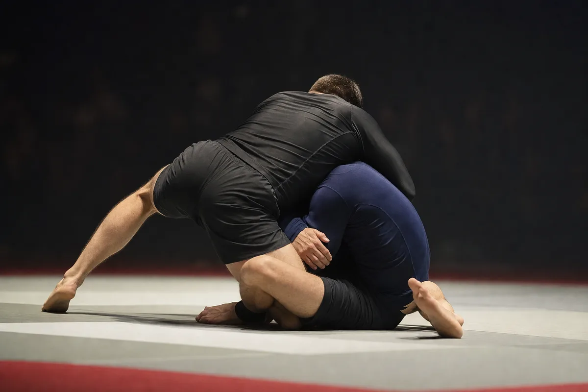 Tapis de compétition de grappling avec deux athlètes en rashguard sous les projecteurs d’une arène