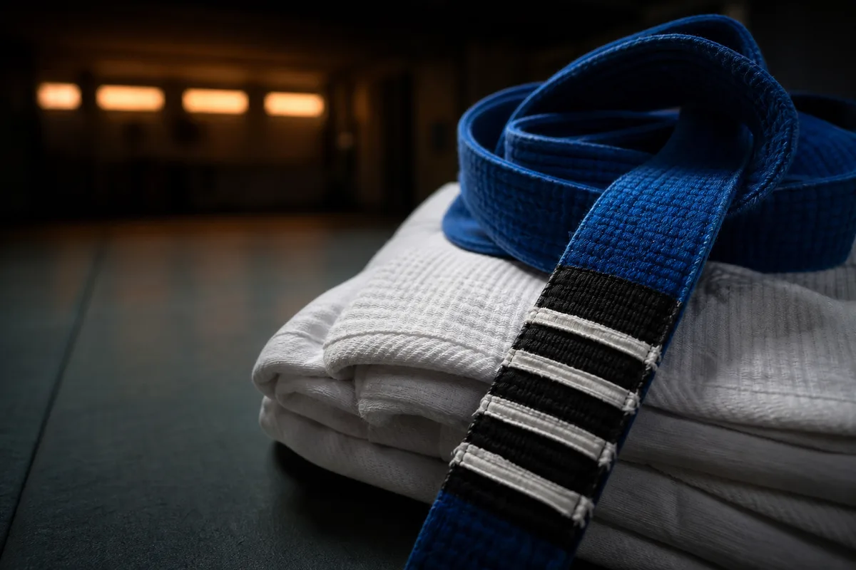 Ceinture bleue de jiu-jitsu posée sur un kimono blanc plié, gros plan sur les degrés