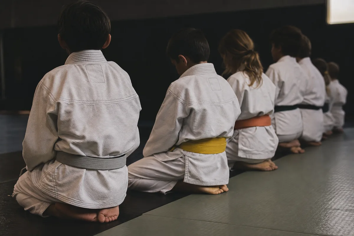 Enfants en kimono alignés sur un tapis de jiu-jitsu, ceintures de couleurs différentes