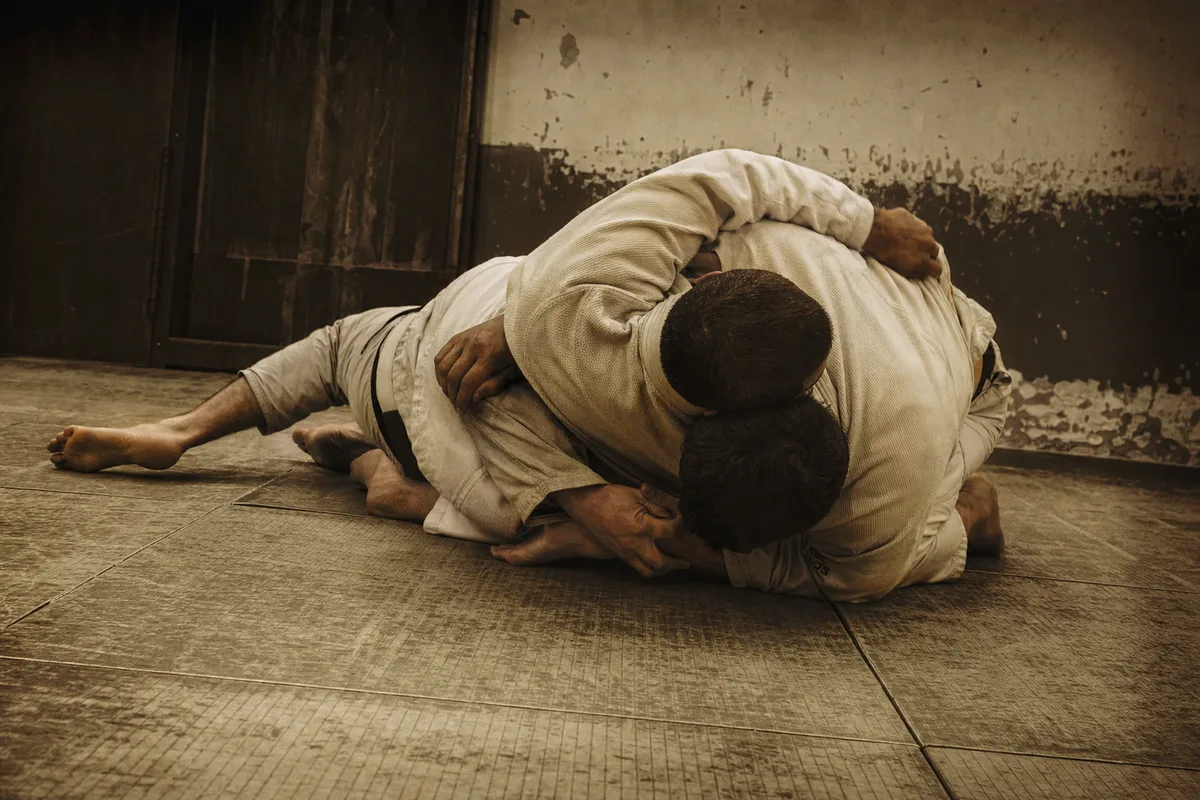 Ancien gymnase de combat avec un tatami usé, atmosphère sépia, deux hommes en kimono