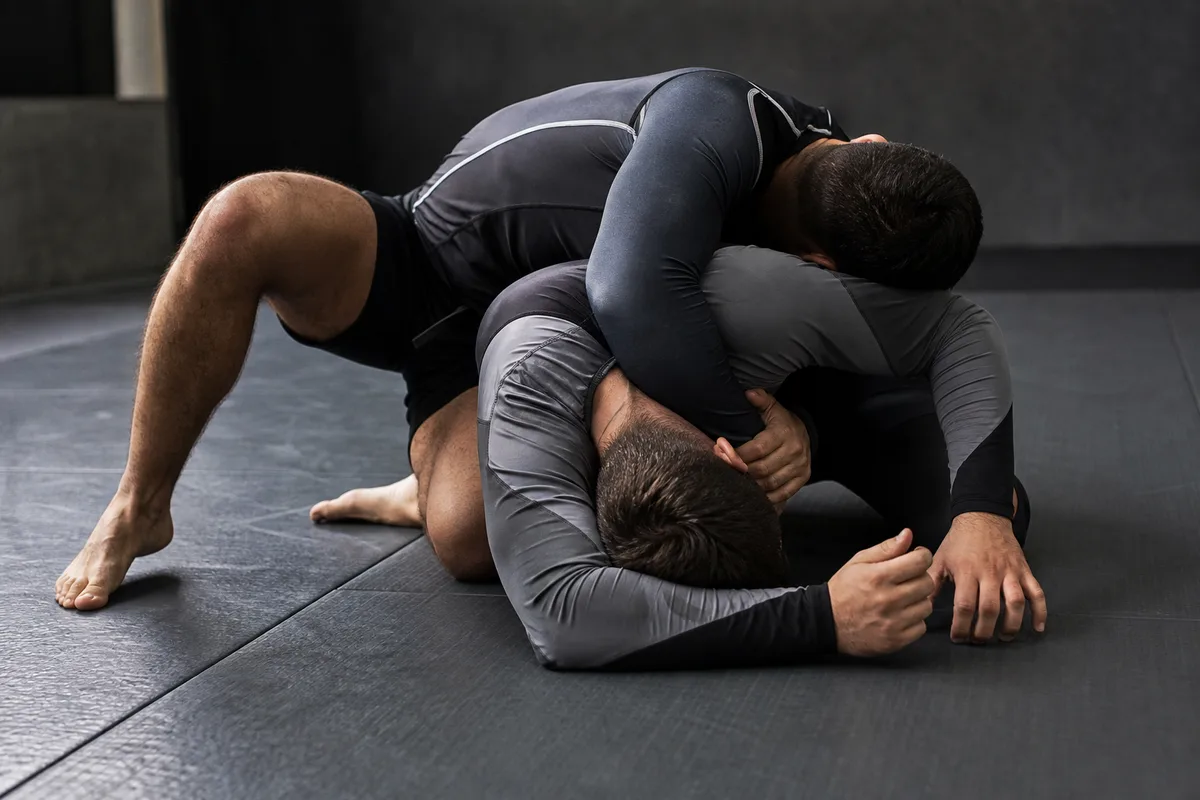 Deux pratiquants en rashguard s’affrontant au sol, contrôle par sous-crochet et pression de tête